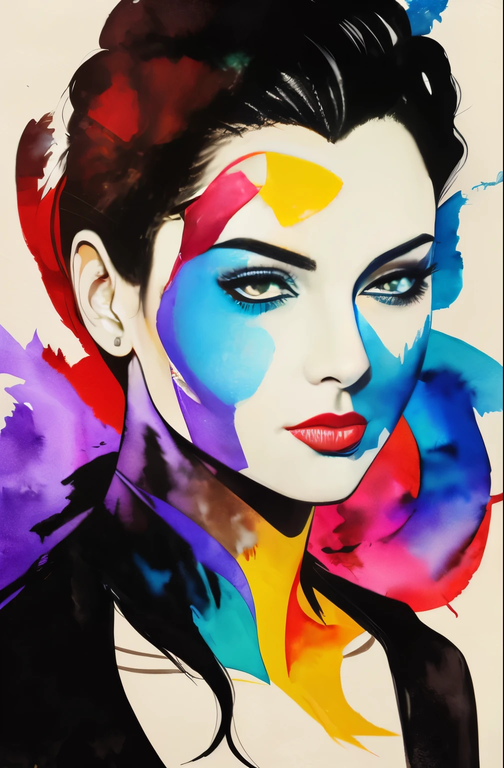 painting of a woman with a black and white face, Sylvia Pelissero watercolors, tumbler, abstract art, Intense watercolor painting, watercolor detailed art, Watercolor Splash, surreal, Avant-garde pop art, Beautiful and expressive paintings, Beautiful artwork illustration, very colorful tones, wonderful, cool beauty, highest quality,official art, women only, sharp outline, best shot, vector art, Written by Sandra Chevrier, Dave McKean、by Richard Avedon、Written by Makiezi Kusiala