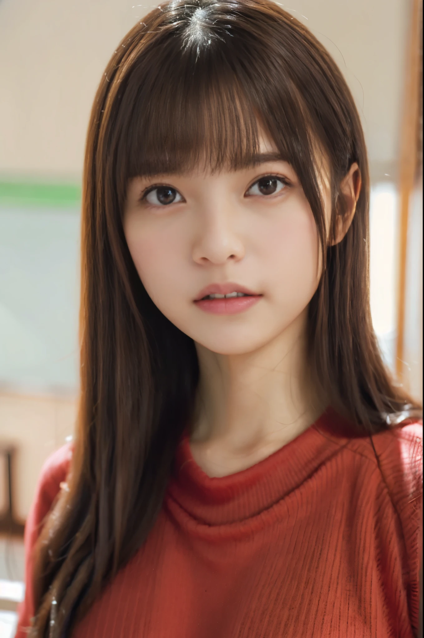 Random pose、quality、ultra high resolution、(Realism:1.5)、1 girl、red sweater、(brown hair:1.2)、(Big breasts:1.2)、Classroom、looking at the audience、close up、Whole BodyEsbian、