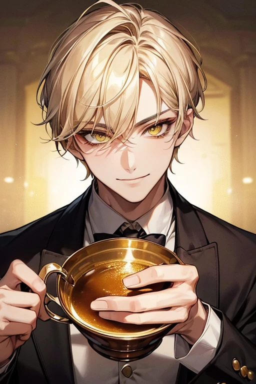 (muste piece), (best quality), extremely detailed, 1 man, solo, perfect face, pretty face, highly detailed face,yellow short hair, yellow eyebrows、Handsome man with expressive eyes, smiling, yellow eyes、(((sommelier)))、Huangze Ryota