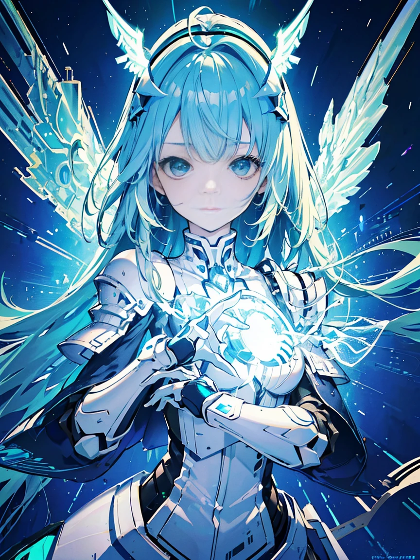 highest quality, masterpiece, small details, ultra precision, very delicate 8k wallpaper, robot girl, (blue long hair), (White mechanical armor), (green eyes and sharp headgear), (mechanical wings attached to shoulders), The glowing core in the middle of the chest, (mechanically articulated fingers, 4 fingers and 1 thumb),