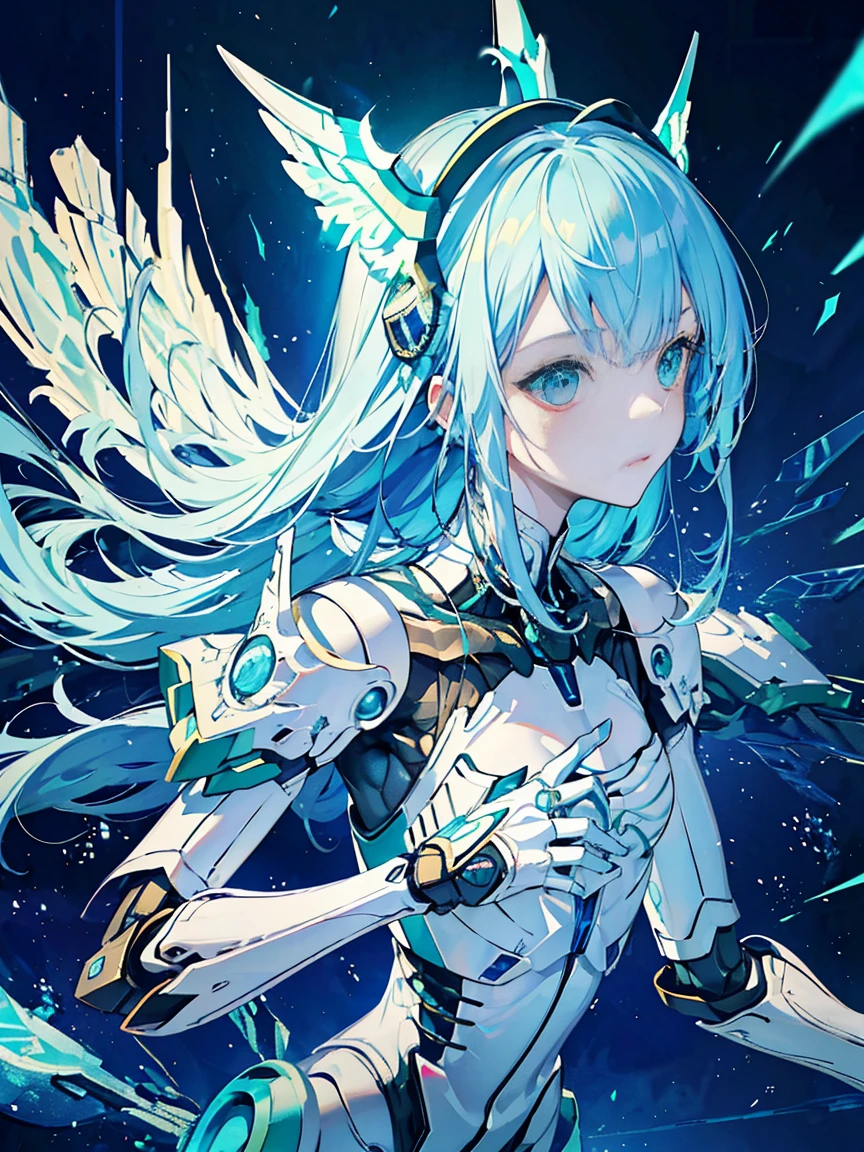 highest quality, masterpiece, small details, ultra precision, very delicate 8k wallpaper, robot girl, (blue long hair), (White mechanical armor), (green eyes and sharp headgear), (mechanical wings attached to shoulders), The glowing core in the middle of the chest, (mechanically articulated fingers, 4 fingers and 1 thumb),