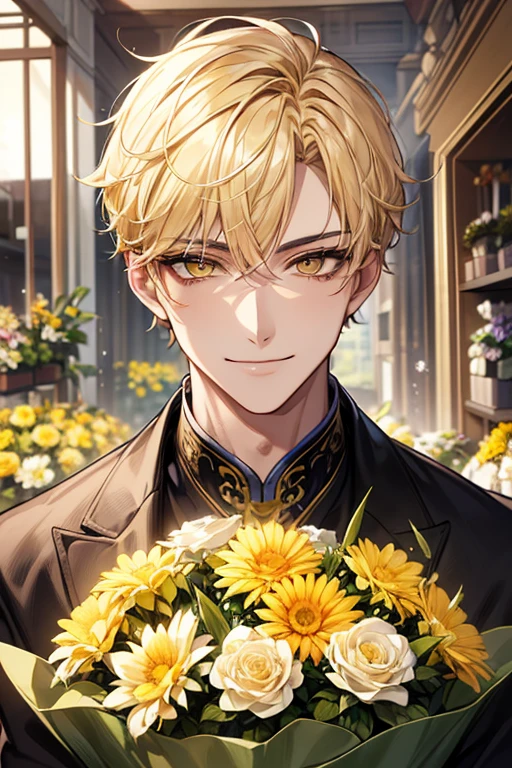 (muste piece), (best quality), extremely detailed, 1 man, solo, perfect face, pretty face, highly detailed face,yellow short hair, yellow eyebrows、Handsome man with expressive eyes, smiling, yellow eyes、(((flower shop)))、Huangze Ryota