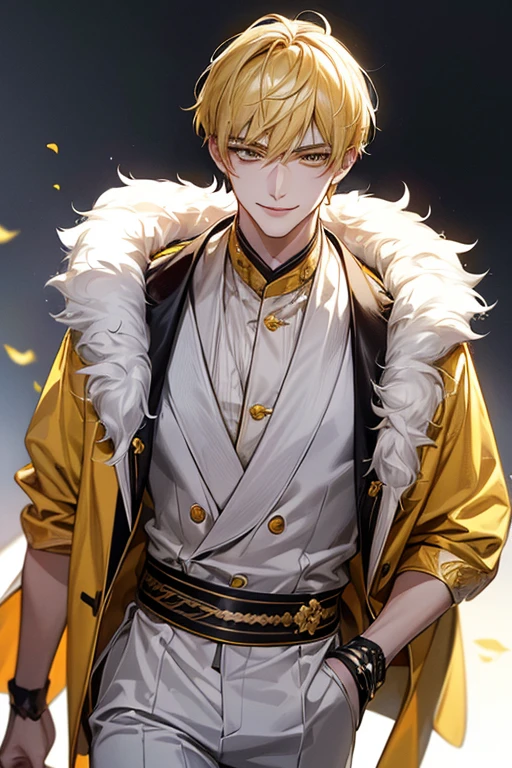(muste piece), (best quality), extremely detailed, 1 man, solo, perfect face, pretty face, highly detailed face,yellow short hair, yellow eyebrows、Handsome man with expressive eyes, smiling, yellow eyes、(((Model Walk)))、Huangze Ryota