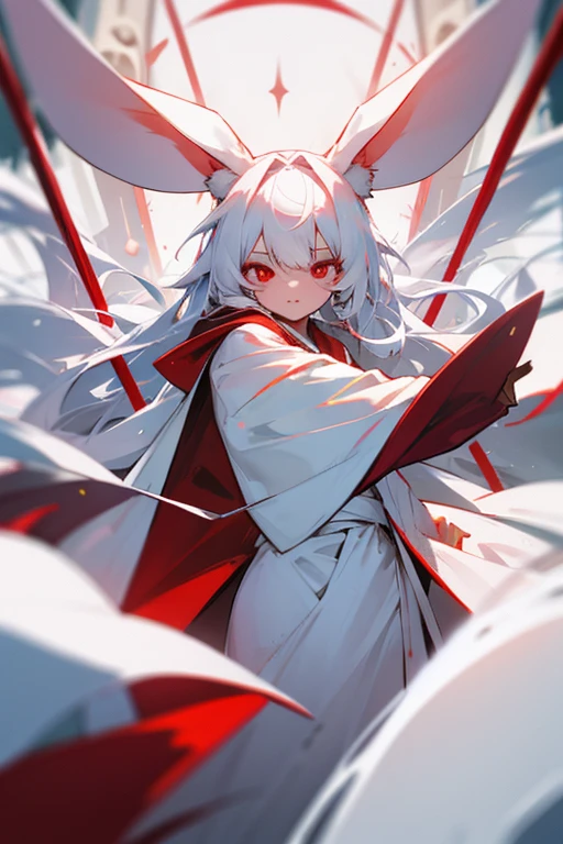Rabbit girl,long white robes,long white hair, red eyes