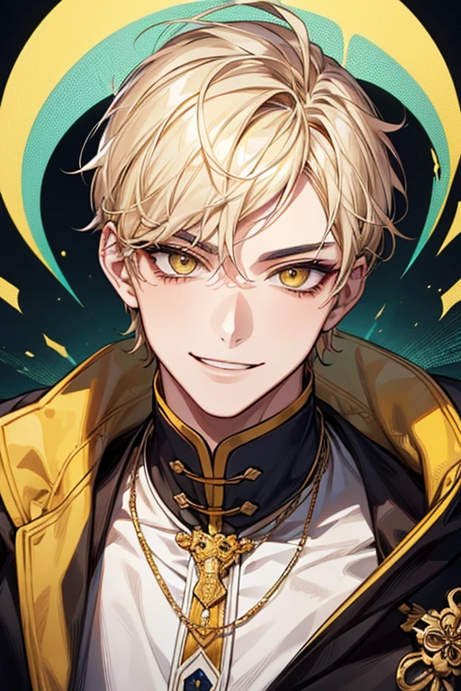 (muste piece), (best quality), extremely detailed, 1 man, solo, perfect face, pretty face, highly detailed face，yellow short hair, yellow eyebrows、Handsome man with expressive eyes, smiling, yellow eyes、(((Brave)))、Huangze Ryota