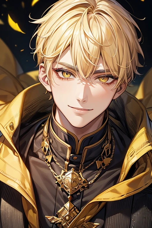 (muste piece), (best quality), extremely detailed, 1 man, solo, perfect face, pretty face, highly detailed face,yellow short hair, yellow eyebrows、Handsome man with expressive eyes, smiling, yellow eyes、(((Brave)))、Huangze Ryota