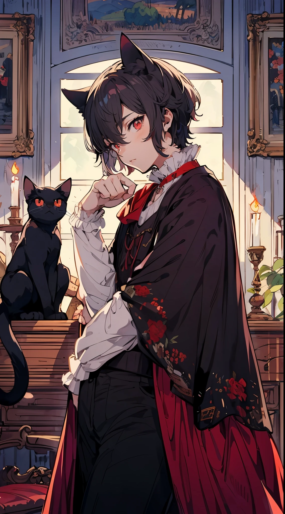 Japanese anime, Clear line drawing, transparent watercolor, clear shading, Beautiful young man, dark hair, red eyes, Cat Paw Pose, black ruffled dress, medieval aristocratic room in background, top angle, shy face,high quality, amount of drawing, pixiv illustration