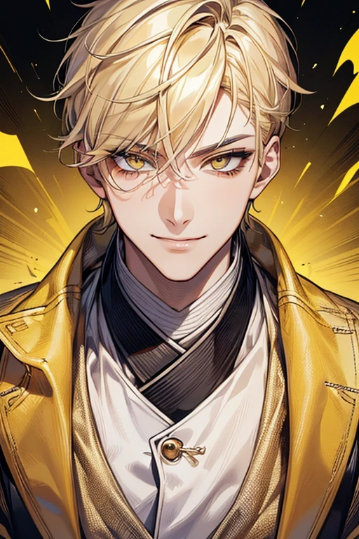 (muste piece), (best quality), extremely detailed, 1 man, solo, perfect face, pretty face, highly detailed face，yellow short hair, yellow eyebrows、Handsome man with expressive eyes, smiling, yellow eyes、(((Model Walk)))、Huangze Ryota