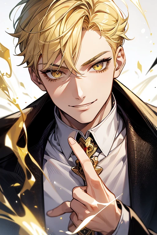 (muste piece), (best quality), extremely detailed, 1 man, solo, perfect face, pretty face, highly detailed face,yellow short hair, yellow eyebrows、Handsome man with expressive eyes, smiling, yellow eyes、(((magician)))、