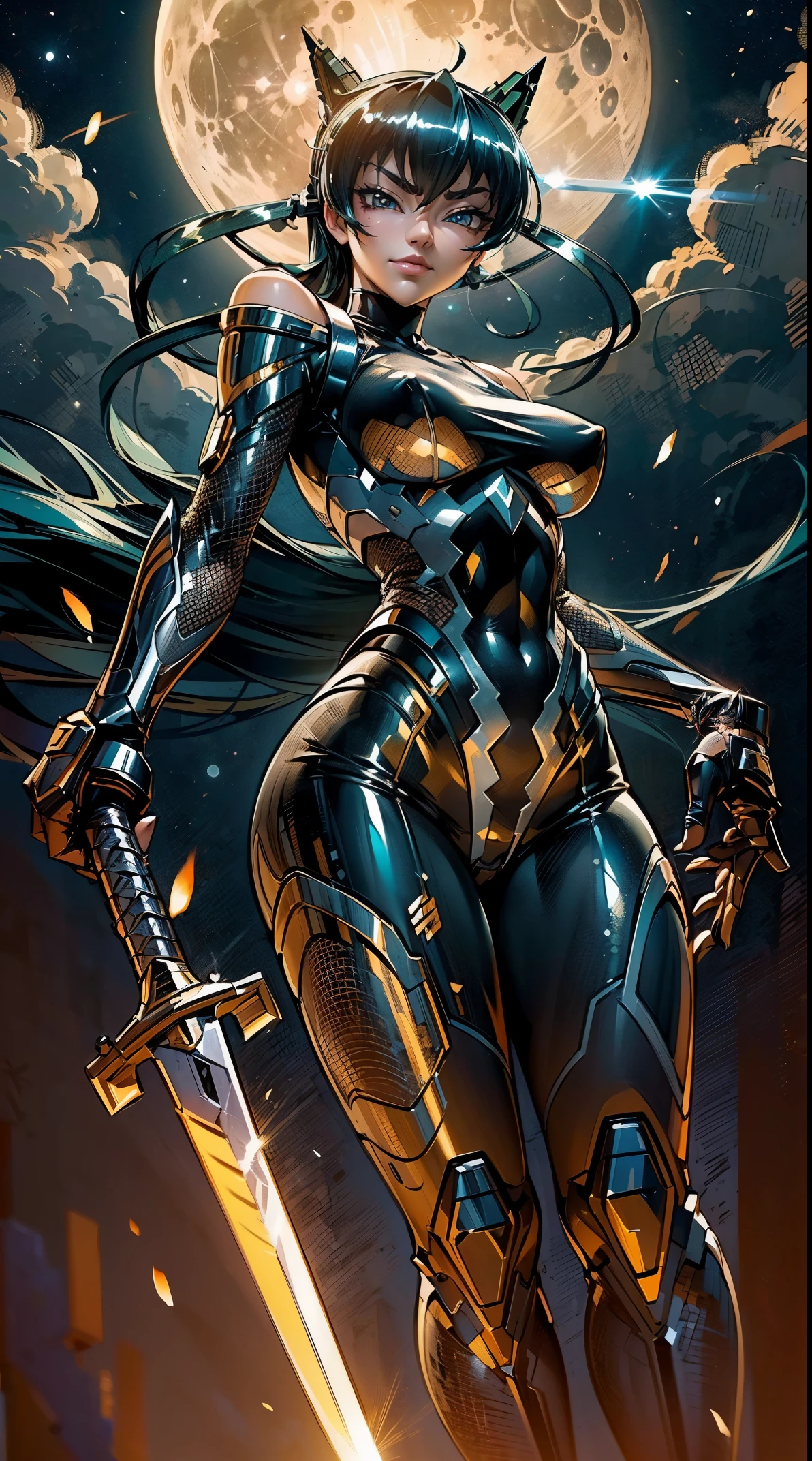 1girl,(concept art:1.0),(Taimanin Asagi style:1.3),woman wearing a bodysuit,has a sword,(Face to shoulder:1.4),(big eyes:1.3),(beautiful face:1.3),(thin smile),(The background is the moon:1.1),(from below)
