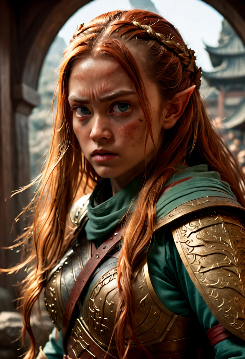 a Beautiful Elf, Elf ear, from Disney reimagined as a ninja, within the walls of an ancient Japanese palace. The scene brought to life with intricate details inspired by the styles of Todd McFarlane and Alex Ross. The result a stunning image that captures the essence of both classic and modern art styles. With Merida at the center of the action, viewers are transported to a world of epic battles and legendary warriors, long hair, detailed eyes, Romance, film grain, RAW photo, Cinematic lighting, octane render, (best quality, masterpiece, Representative work, official art, Professional, 8k:1.3)