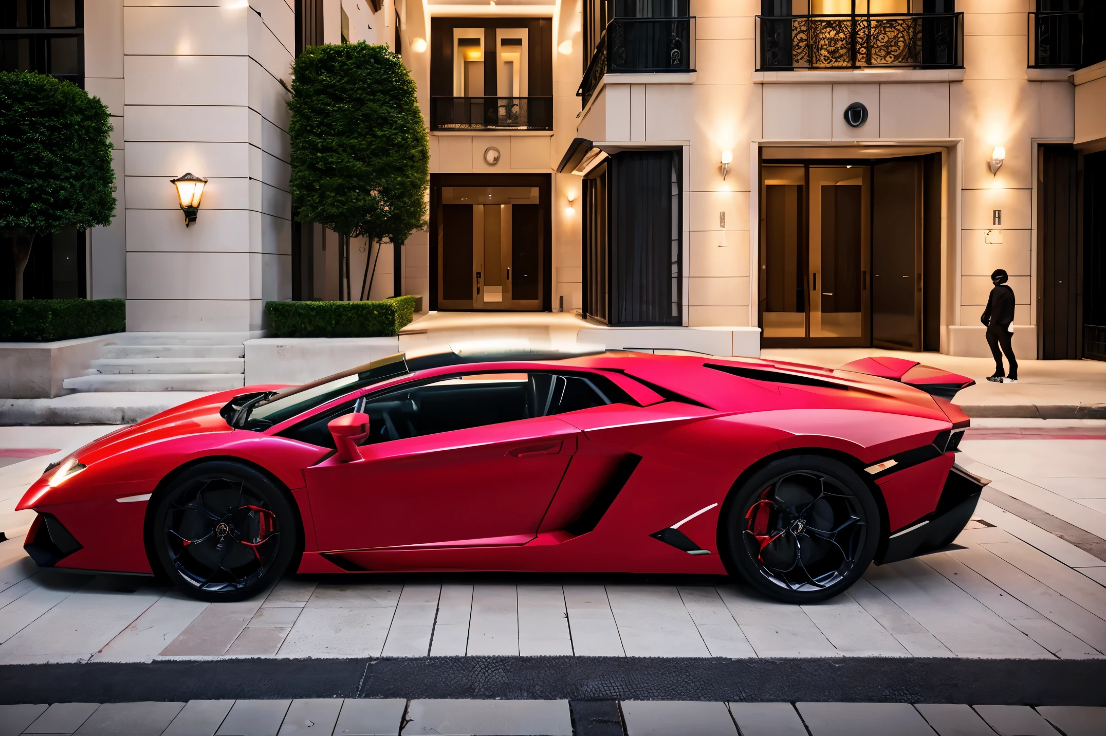 red lamborghini aventador　　Precise and high quality　Realistic three-dimensional feel　beautiful background　Parked on the road in front of the marble entrance of a luxury condominium.　beautiful lighting　beautiful street　stylish apartment　(shot from the side:1.3) beautiful night lights　city of temptation