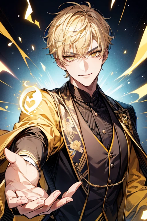 (muste piece), (best quality), extremely detailed, 1 man, solo, perfect face, pretty face, highly detailed face,yellow short hair, yellow eyebrows、Handsome man with expressive eyes, smiling, yellow eyes、(((magician)))、Huangze Ryota