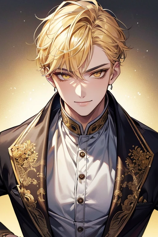 (muste piece), (best quality), extremely detailed, 1 man, solo, perfect face, pretty face, highly detailed face,yellow short hair, yellow eyebrows、Handsome man with expressive eyes, smiling, yellow eyes、(((model pose)))、Huangze Ryota
