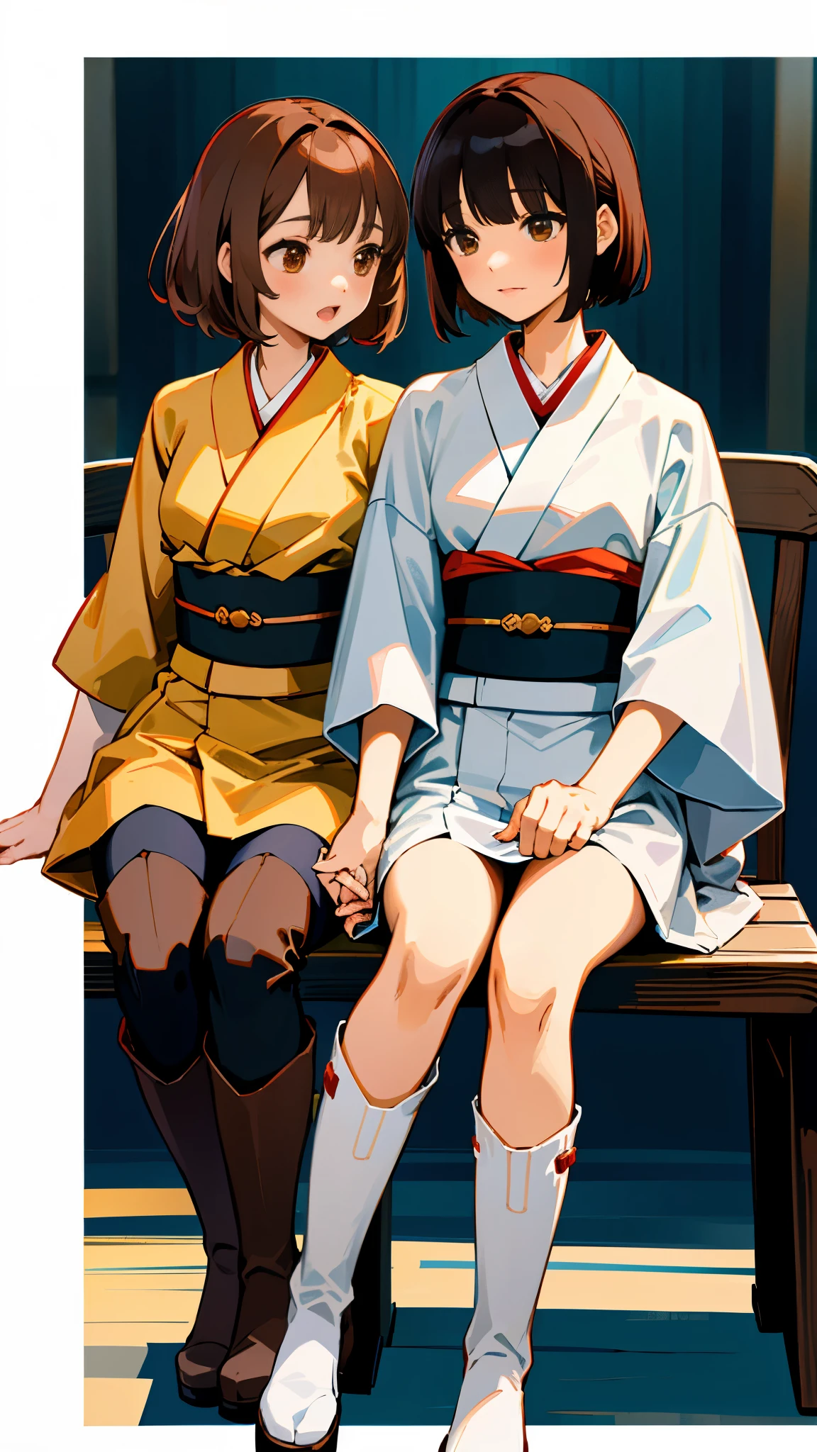 Onnazai&#39;s kimono(adult style)brown hair,  brown eyes, knee high boots, short hair, half up hair :c ,c(Young women in kimono sitting on chairs in a gymnasium with people holding hands(There are two people wearing kimonos, one of whom is a woman, and the other is a woman.