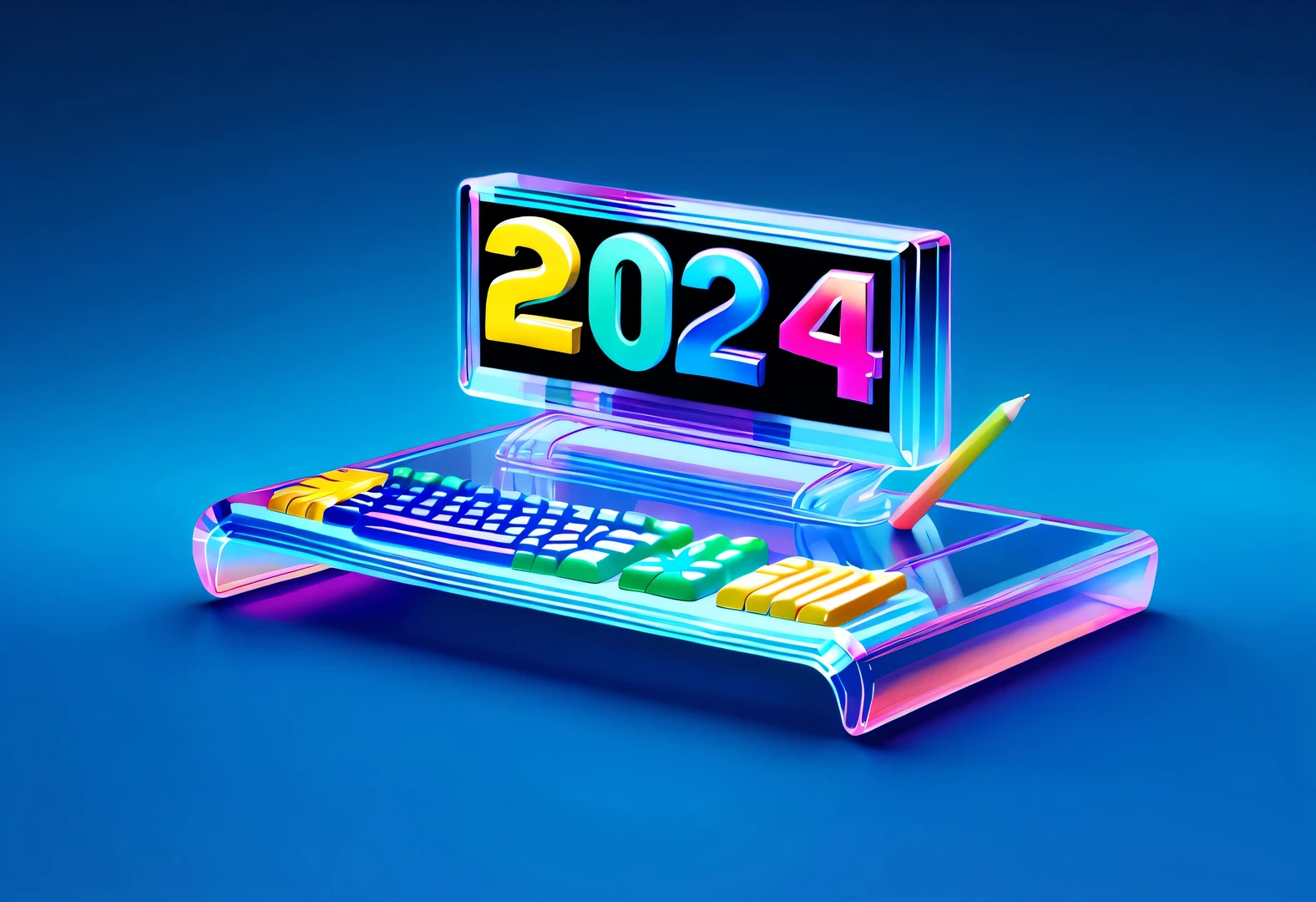 (Cute cartoon five color transparent computer U-shaped screen with "2024" and "Happy New Year" It says: 1.34), Colorful transparent keyboard, (The internal structure of the chassis  clear: 1.0), cartoon, cyberpunk style, background: New Year elements, Colored confetti, bow,
ultra high definition, masterpiece, Accuracy, Ultra high detail, Ultra high detail, Ultra-clear, high quality, Award-winning, best quality, Level, 16k,
