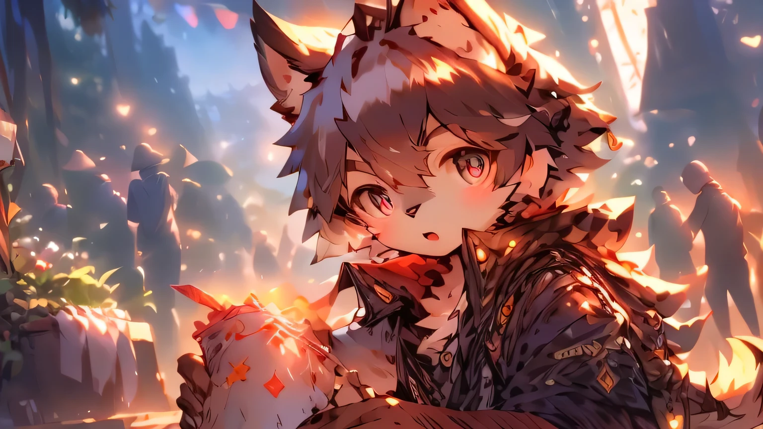 1boy, glossy dark blue hair, amber eyes, large sharp cat ears, cat tail, staring at viewer while grinning, mountainous setting, sunrise, 4k Resolution
