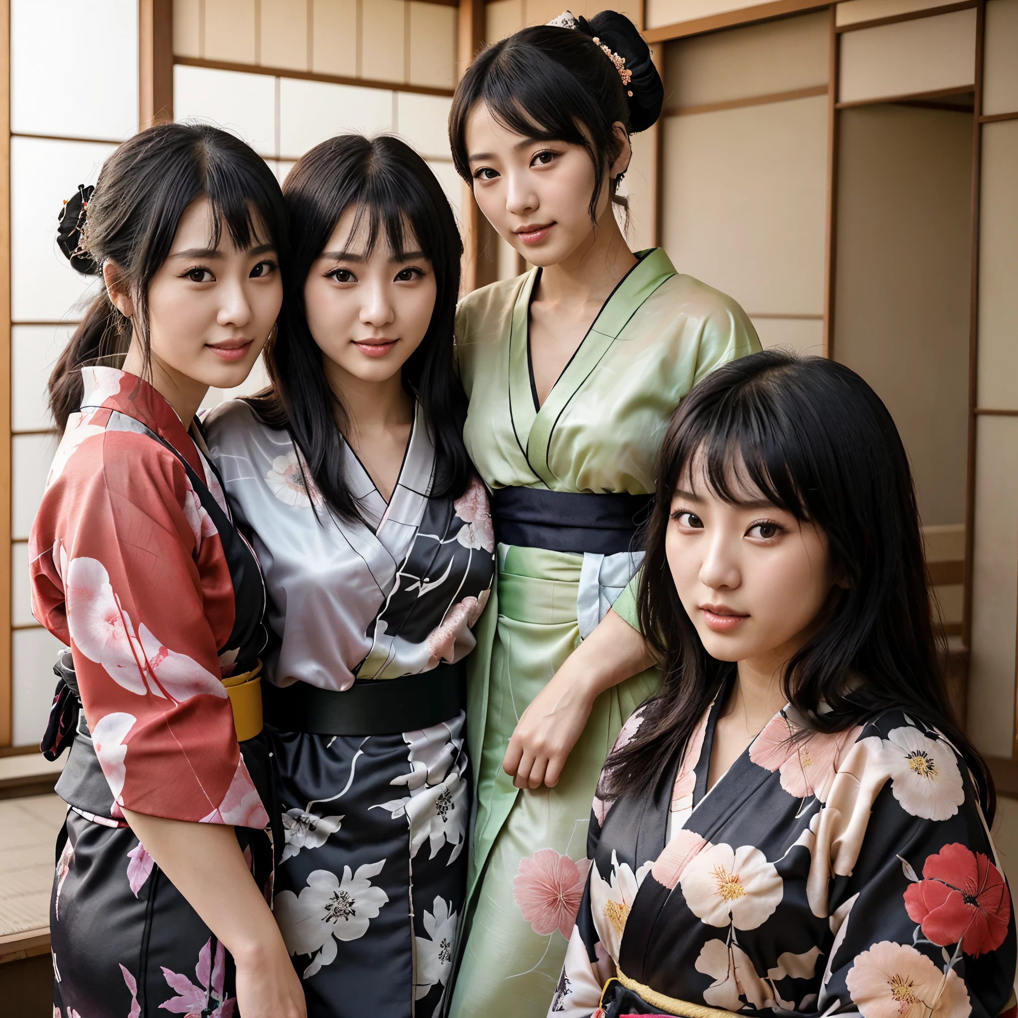 NSFW、最high quality、high quality、best image quality、8K、最High resolution、High resolution、最high quality、masterpiece、Depth of object being written、RAW photo、group photo、realistic atmosphere、(detailed face)、(fine hands、thumb１reference４)、(beauty of japan )、very nice face、cute face、((beautiful japanese girl))、(日本people々woman), ((multiple girls))、((girls hugging each other２people々))、((18 year old beautiful girl))、(glossy black hair)、(straight long hair)、(ponytail)、whole body、slim style、(shiny skin)、(Fair skin, Glossy skin)、本物のpeople々the skin between、リアルなpeople々body structure、perfect body， perfect face， perfect hands， perfect fingers， perfect lips， perfect eyes，perfect teeth、perfect background， perfect atmosphere， natural soft light、photon mapping、samurai kimono、maiko kimono、servant、geisha kimono、japanese kimono、Kimono up to the waist、short kimono、japanese traditional、((floral kimono(Sheer、sexy、transparent、erotic))、In front of a samurai residence in Japan、((random color floral pattern(samurai kimono、Hakama with long slit))