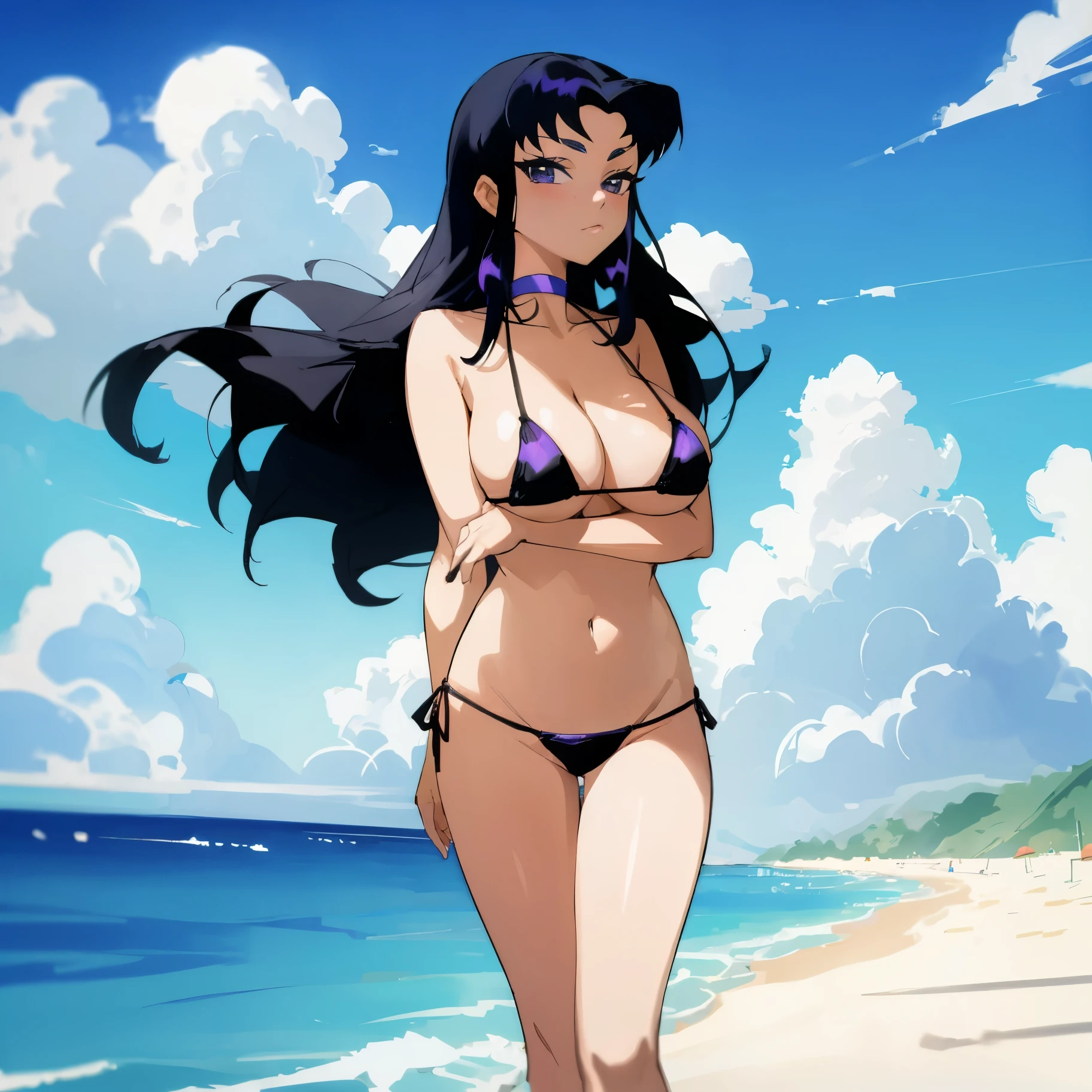 Blackfire,1 girl,solo,black hair,beach,bikini,black bikini,micro bikini,large breast,huge breast,ocean,blue sky,Cloud,choker,masterpiece, best quality,lookind at viewer,anime coloring,cell shading,cartoon style