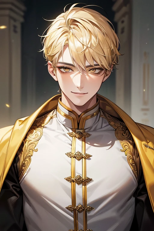 (muste piece), (best quality), extremely detailed, 1 man, solo, perfect face, pretty face, highly detailed face，yellow short hair, yellow eyebrows、Handsome man with expressive eyes, smiling, yellow eyes、(((Model Walk)))、Huangze Ryota