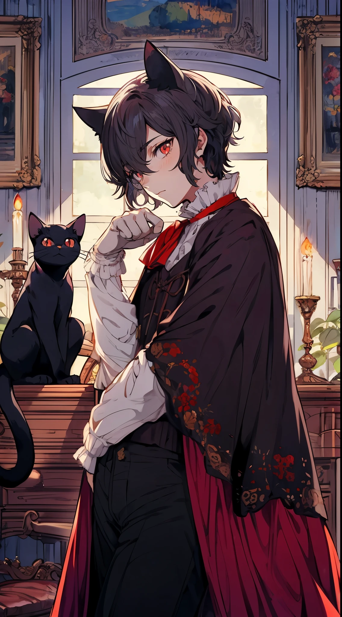 Japanese anime, Clear line drawing, transparent watercolor, clear shading, Beautiful young man, dark hair, red eyes, Cat Paw Pose, black ruffled dress, medieval aristocratic room in background, top angle, shy face,high quality, amount of drawing, pixiv illustration