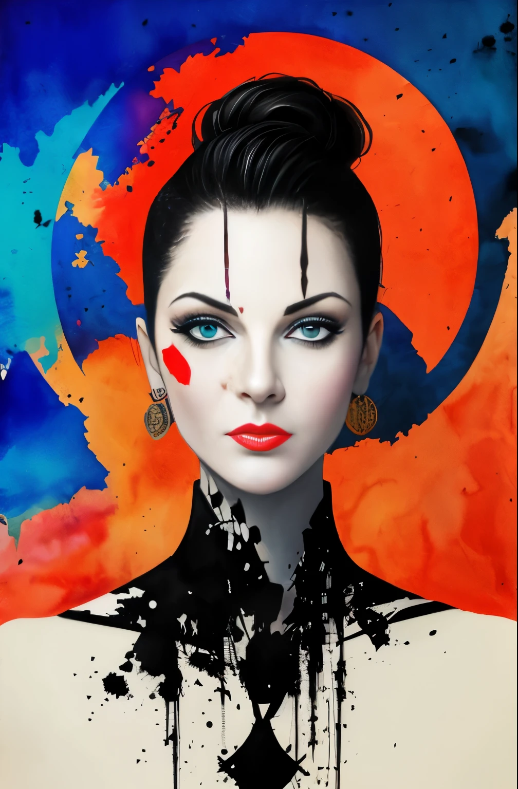 painting of a woman with a black and white face, Sylvia Pelissero watercolors, tumbler, abstract art, Intense watercolor painting, watercolor detailed art, Watercolor Splash, surreal, Avant-garde pop art, Beautiful and expressive paintings, Beautiful artwork illustration, very colorful tones, wonderful, cool beauty, highest quality,official art, women only, sharp outline, best shot, vector art, Written by Sandra Chevrier, Dave McKean、by Richard Avedon、Written by Makiezi Kusiala