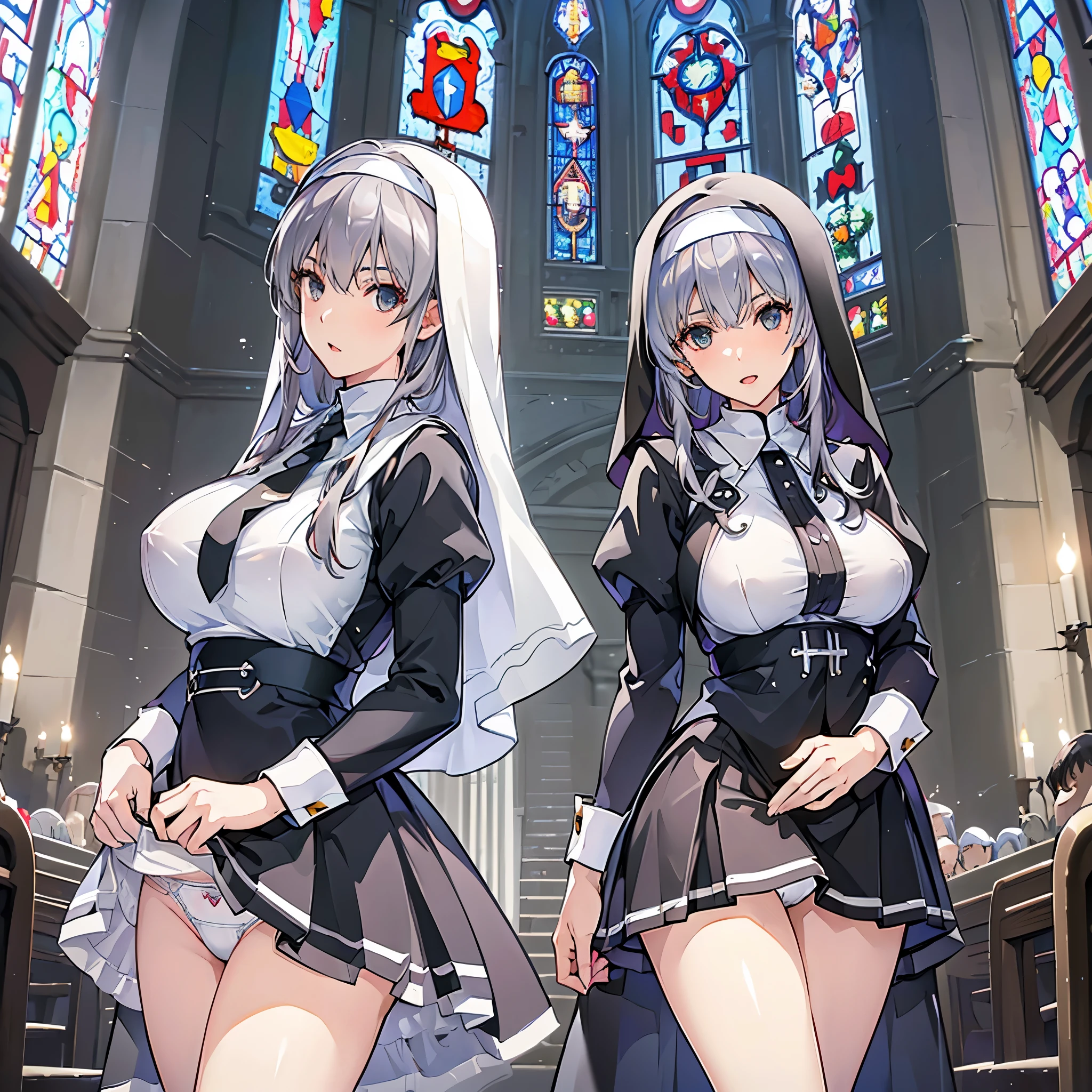 (best quality, In 4K, 8K, High resolution, muste piece:1.2),(two women with different hair lengths),Super detailed, (Reality, photorealistic, photorealistic:1.37), 30 year old woman,ripe woman,((inside a church),muste piece, Top quality, Ultra-fine,maximum resolution, Extremely detailed, ((nun,Angle from below,high neck,White panties)),Cord,smile,open mouth huge tits,gray hair,Seductive thighs,mini skirt