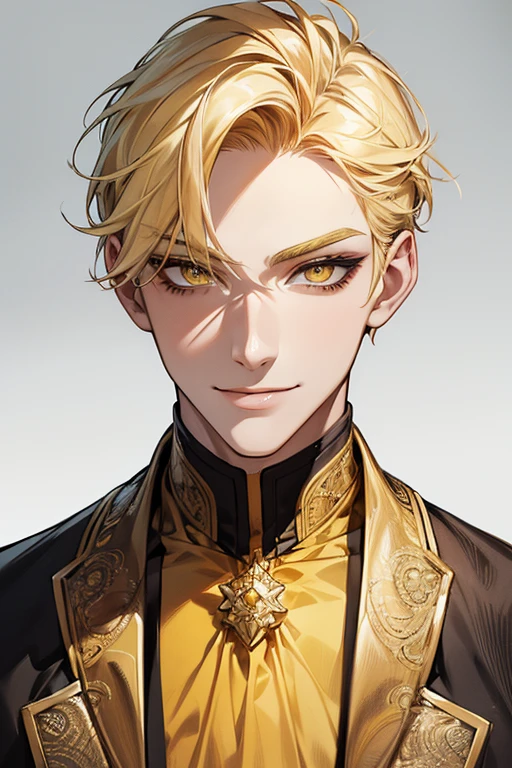 (muste piece), (best quality), extremely detailed, 1 man, solo, perfect face, pretty face, highly detailed face,yellow short hair, yellow eyebrows、Handsome man with expressive eyes, smiling, yellow eyes、(((model pose)))、