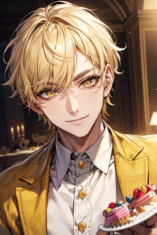 (muste piece), (best quality), extremely detailed, 1 man, solo, perfect face, pretty face, highly detailed face，yellow short hair, yellow eyebrows、Handsome man with expressive eyes, smiling, yellow eyes、(((patissier))、