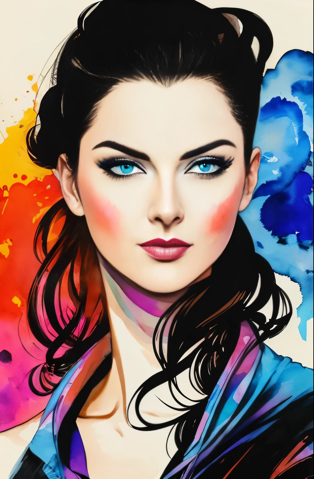 painting of a woman with a black and white face, Sylvia Pelissero watercolors, tumbler, abstract art, Intense watercolor painting, watercolor detailed art, Watercolor Splash, surreal, Avant-garde pop art, Beautiful and expressive paintings, Beautiful artwork illustration, very colorful tones, wonderful, cool beauty, highest quality,official art, women only, sharp outline, best shot, vector art, Written by Sandra Chevrier, Dave McKean、by Richard Avedon、Written by Makiezi Kusiala