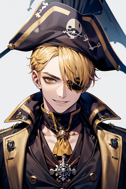 (muste piece), (best quality), extremely detailed, 1 man, solo, perfect face, pretty face, highly detailed face,yellow short hair, yellow eyebrows、Handsome man with expressive eyes, smiling, yellow eyes、(((pirate)))、