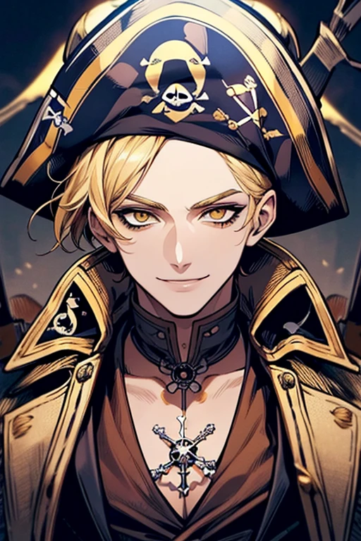 (muste piece), (best quality), extremely detailed, 1 man, solo, perfect face, pretty face, highly detailed face,yellow short hair, yellow eyebrows、Handsome man with expressive eyes, smiling, yellow eyes、(((pirate)))、