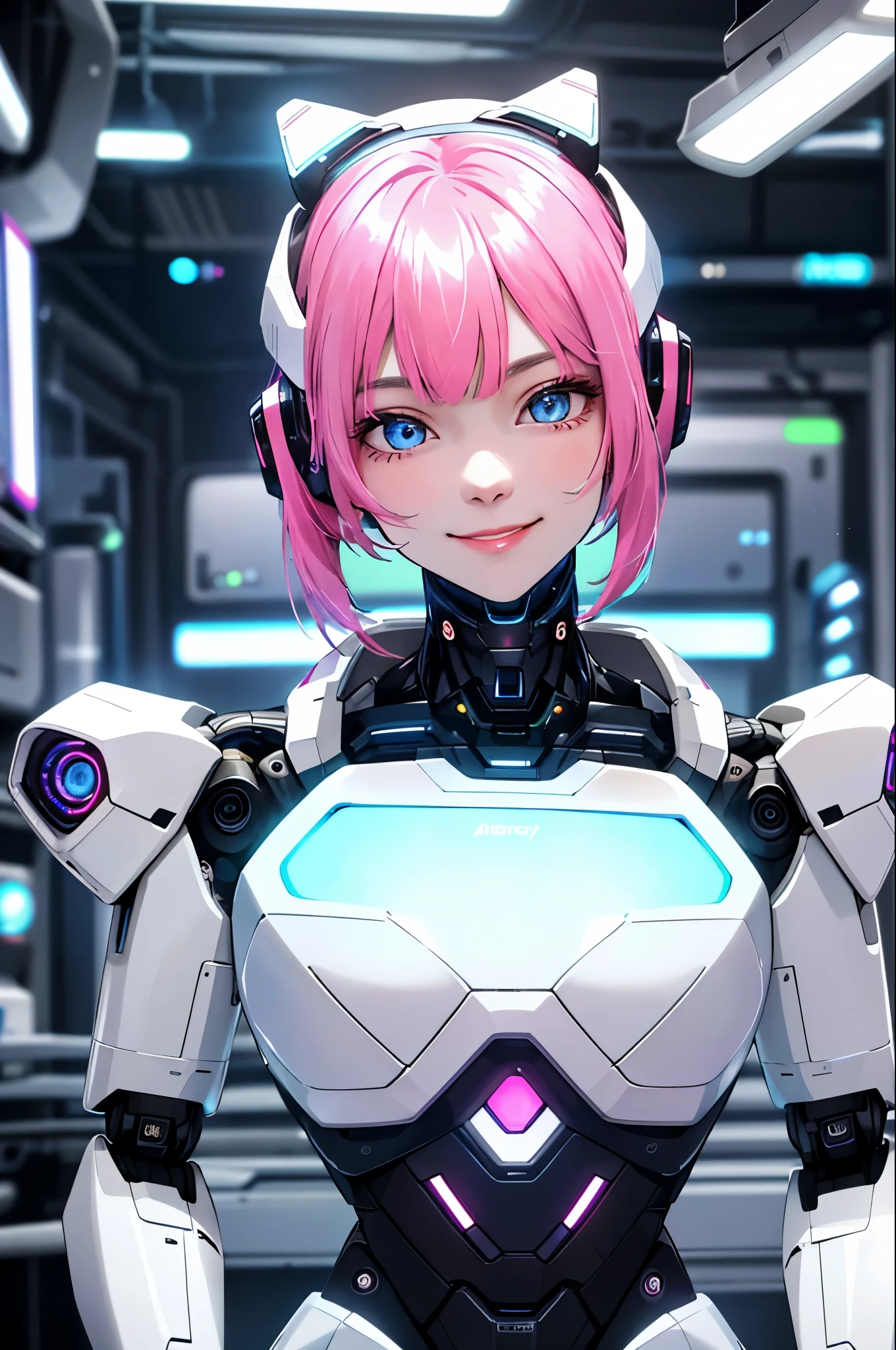 masterpiece, hi quality, absurderes，A high resolution，1girl, Reflectors，refractions：1.4，super-fine：1.4，（A high resolution，RAW photo（cyber punk perssonage：1.3），(((android assistant，white body robot-girl)))，pink hair，The upper part of the body，innocent face and innocent smile ，inside laboratory，ultra-wide-angle：1.2,（neonlight，Vibrant glow，Dynamic colors，Vivid Contrast，Futuristic atmosphere，electric energy，shiny reflective surfaces））, cowboy shot, looking at viewer, ultra detailed eyes,