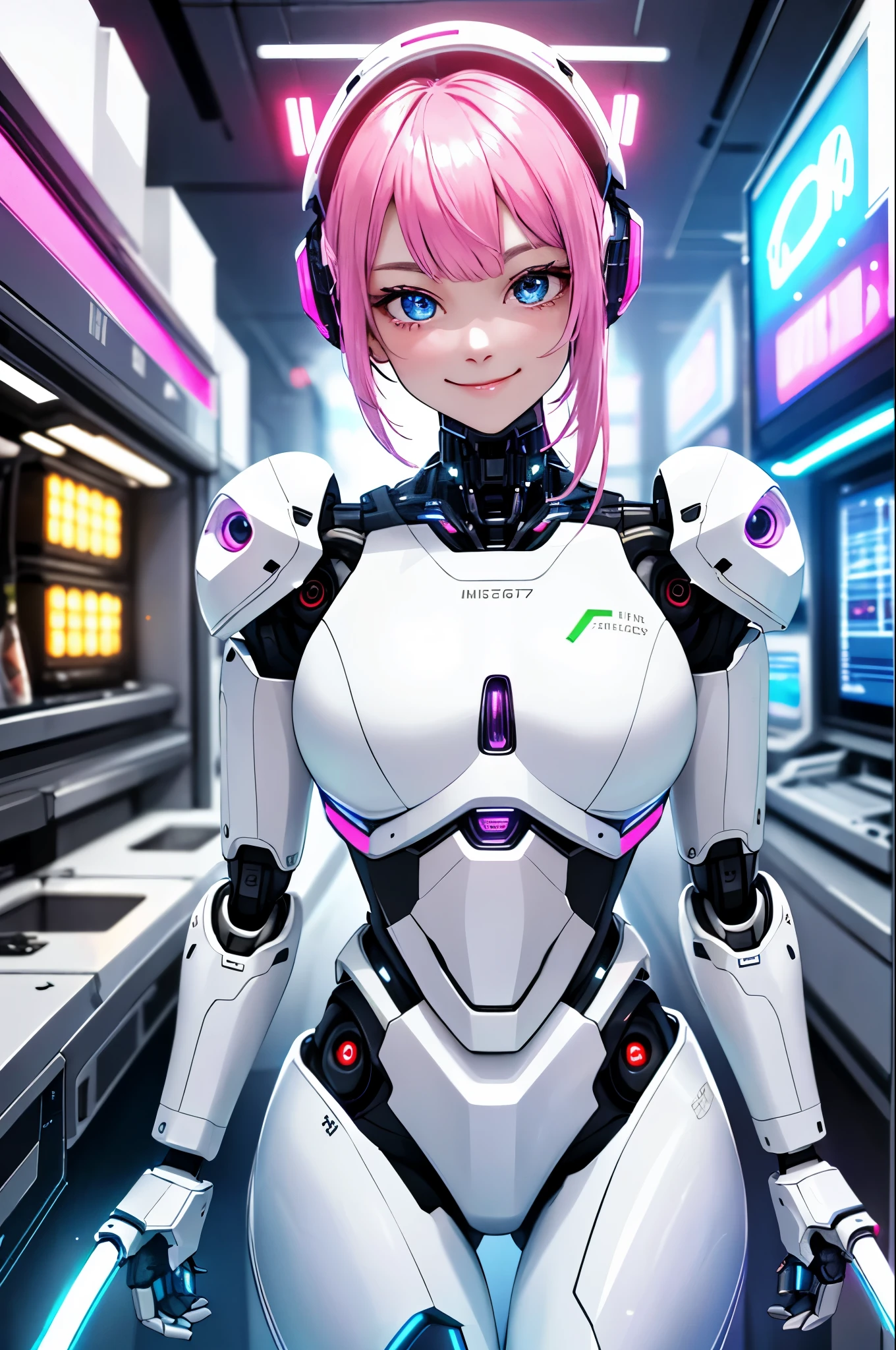 masterpiece, hi quality, absurderes，A high resolution，1girl, Reflectors，refractions：1.4，super-fine：1.4，（A high resolution，RAW photo（cyber punk perssonage：1.3），(((android assistant，white body robot-girl)))，pink hair，The upper part of the body，warm Beautiful face and smile expression，inside laboratory，ultra-wide-angle：1.2,（neonlight，Vibrant glow，Dynamic colors，Vivid Contrast，Futuristic atmosphere，electric energy，shiny reflective surfaces））, cowboy shot, looking at viewer, ultra detailed eyes,