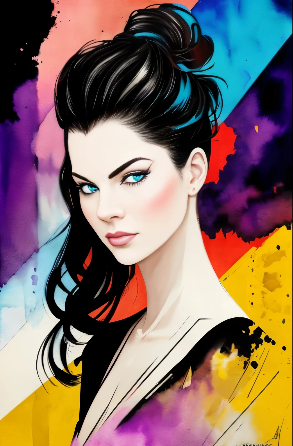 painting of a woman with a black and white face, Sylvia Pelissero watercolors, tumbler, abstract art, Intense watercolor painting, watercolor detailed art, Watercolor Splash, surreal, Avant-garde pop art, Beautiful and expressive paintings, Beautiful artwork illustration, very colorful tones, wonderful, cool beauty, highest quality,official art, women only, sharp outline, best shot, vector art, Written by Sandra Chevrier, Dave McKean、by Richard Avedon、Written by Makiezi Kusiala