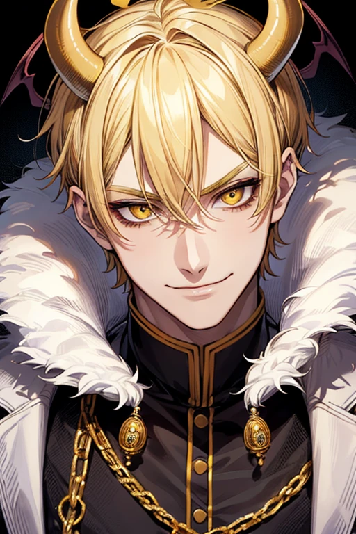 (muste piece), (best quality), extremely detailed, 1 man, solo, perfect face, pretty face, highly detailed face，yellow short hair, yellow eyebrows、Handsome man with expressive eyes, smiling, yellow eyes、(((Demon King)))、