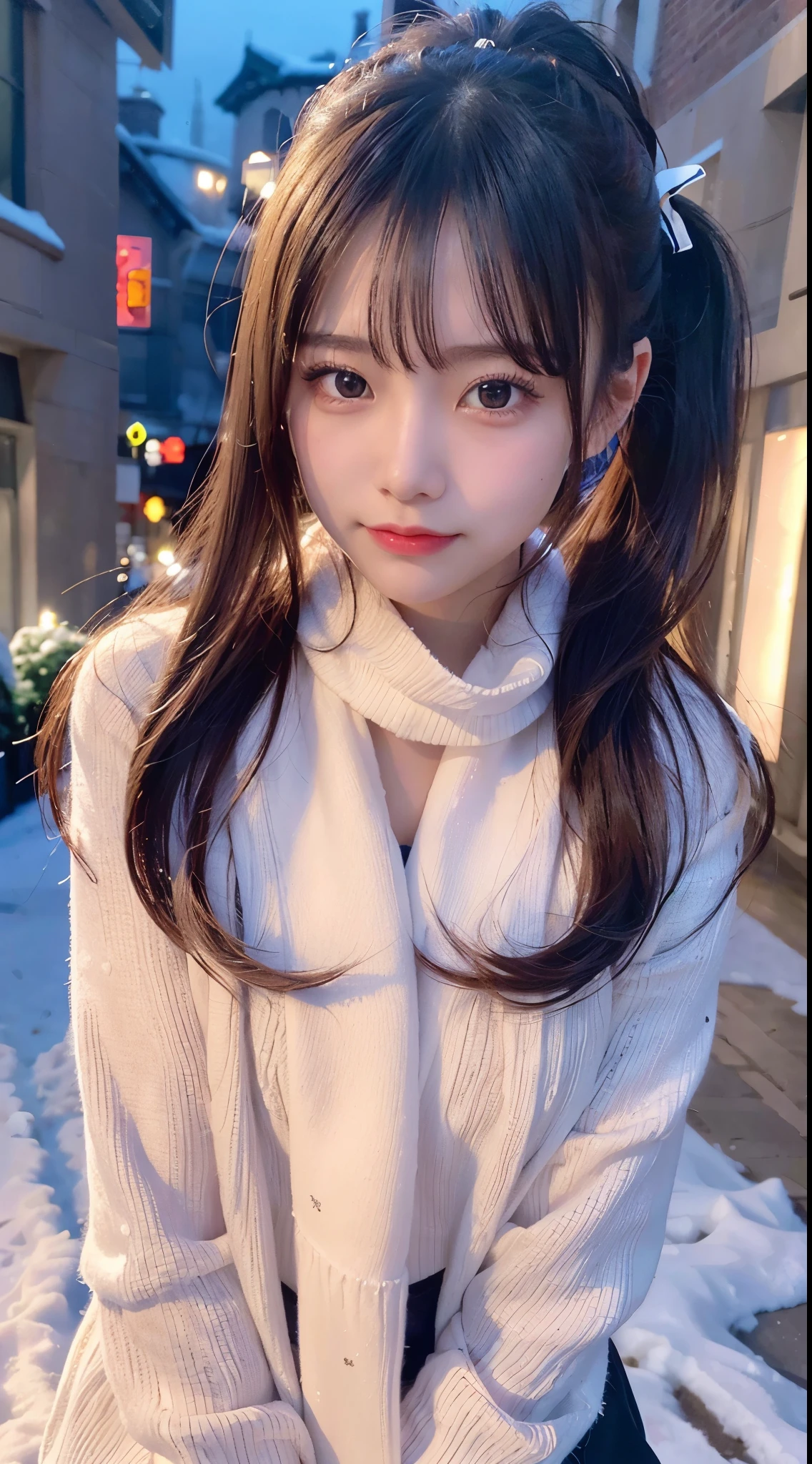 blush,long hair ponytail,big ribbon in her hair,(8K, Raw photo, best quality, muste piece:1.2), (Reality, photorealistic:1.4), (Highly detailed 8K wallpaper), Tits sharp focus, Depth of bounds written, cinematic lighting, soft light, detailed beauty eye,Shiny and smooth light brown ponytail, asymmetrical bangs, shiny skin, super detailed skin ,high resolution, high detail, detailed hairstyle, detailed beauty face, hyper real, perfect limbs, perfect anatomy ,1 Japanese girl,famous japanese idol, perfect female body,shy smile,short eyelashes,double-edged eyelids,look straight here,Hair style ponytail,wear a ribbon, office,long ponytail hairstyle,Wearing scrunchies,wearing a long coat,The Street,stand straight and pose,So that the whole body can be seen,winter,warm clothes,look straight at me,wearing a scarf,It's snowing,european cityscape,cobblestone road,European churches can be seen in the background,in front of a church in europe,night time,illumination shining, from below:1.4