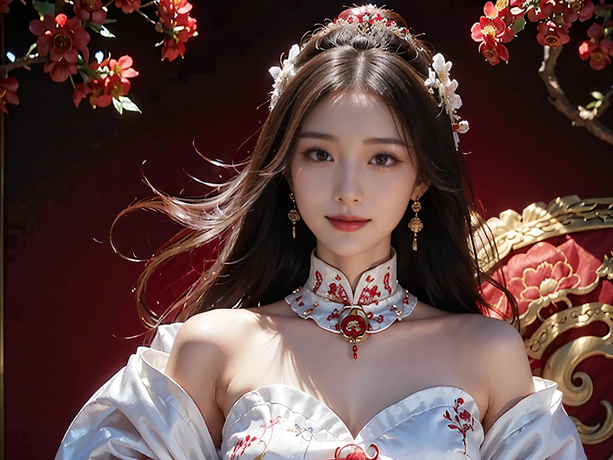 A beautyful girl,long whitr hair,(Wear a beautiful red Chinese wedding dress),Chinese stand collar,fine embroidery,(A delicate crown was worn over his hair),A pair of shiny earrings hang from the ears,A beautiful necklace was worn around his neck,Sweet smiling,His face flushed,ssmile,Flowers in hand