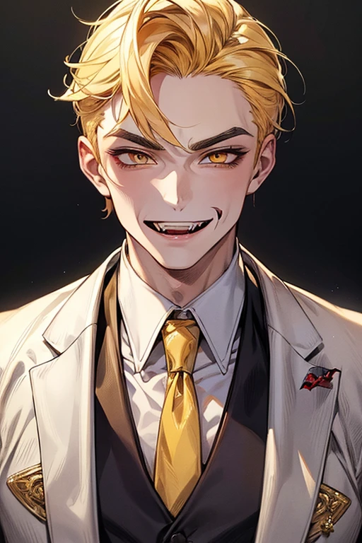 (muste piece), (best quality), extremely detailed, 1 man, solo, perfect face, pretty face, highly detailed face,yellow short hair, yellow eyebrows、Handsome man with expressive eyes, smiling, yellow eyes、(((vampire)))、
