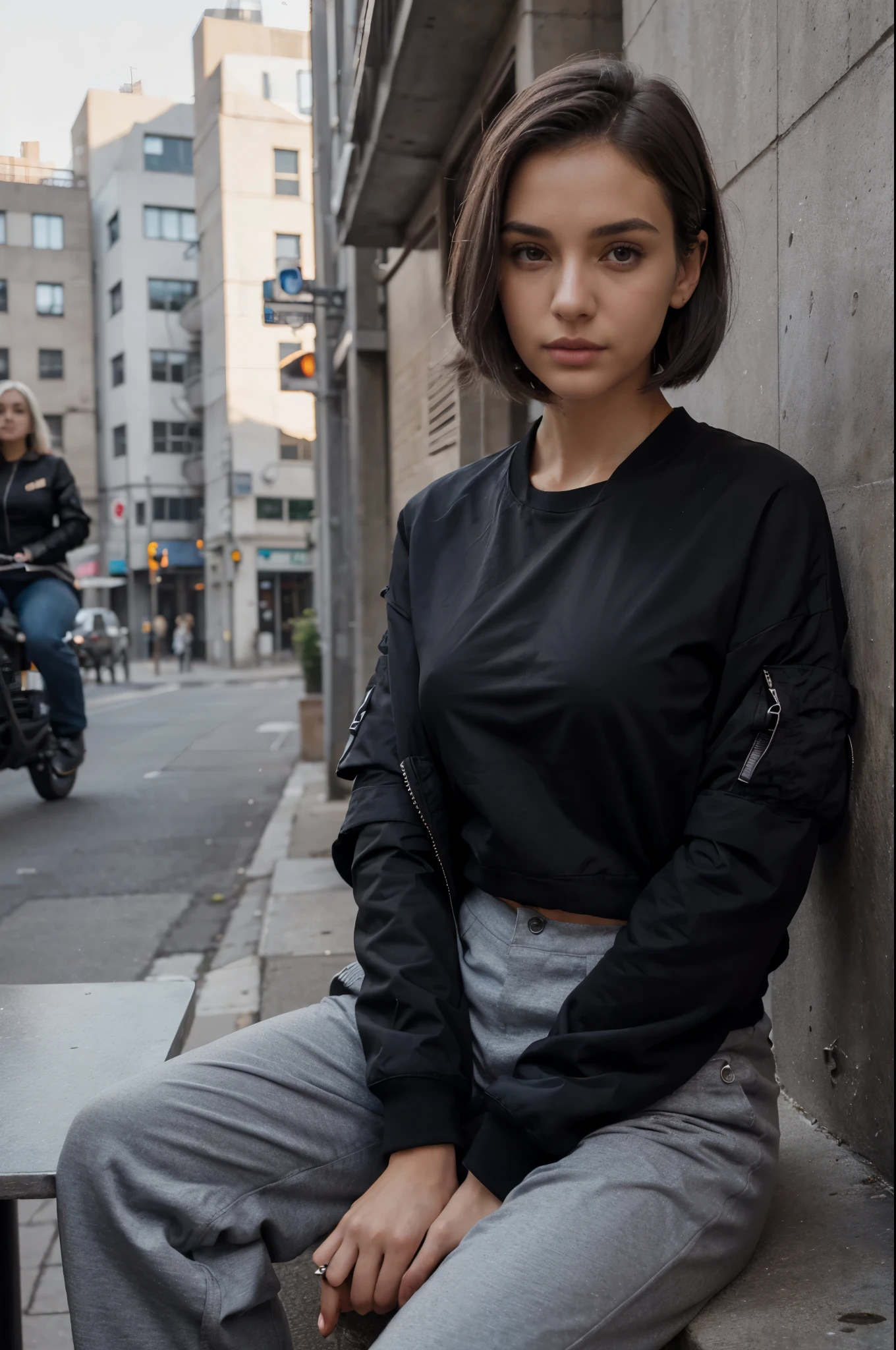 Best quality, on the street, sitting at a table, Bomber jacket with a tight black T-shirt, beautiful face, Hands in bomber pockets, gray hair, bob hairstyle, smooth, neat nose, beautiful girl, gray eyes, sweet lips, slender figure, perfect face, pants jogger, shoes converse. 