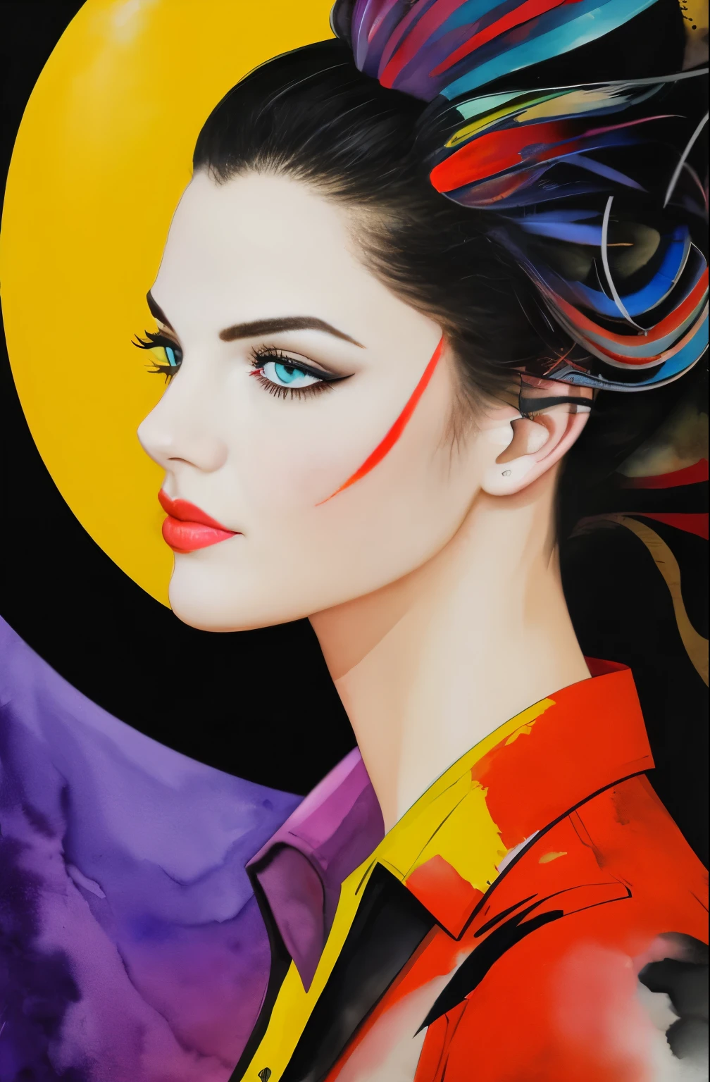 painting of a woman with a black and white face, Sylvia Pelissero watercolors, tumbler, abstract art, Intense watercolor painting, watercolor detailed art, Watercolor Splash, surreal, Avant-garde pop art, Beautiful and expressive paintings, Beautiful artwork illustration, very colorful tones, wonderful, cool beauty, highest quality,official art, women only, sharp outline, best shot, vector art, Written by Sandra Chevrier, Dave McKean、by Richard Avedon、Written by Makiezi Kusiala
