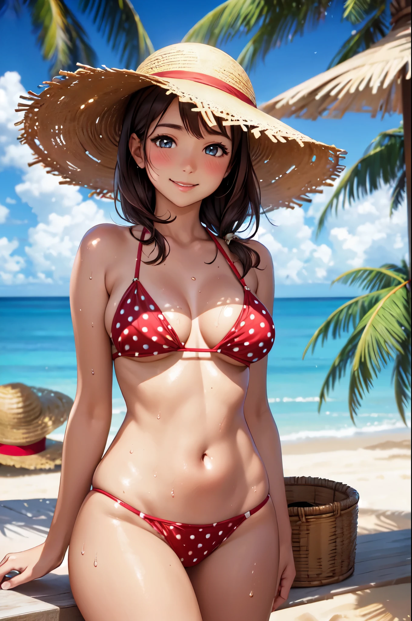 (High quality, High resolution, Fine details), Realistic, BREAK blue water, white sand, palm trees, BREAK red polka dot bikini, straw hat, solo, curvy women, sparkling eyes, (Detailed eyes:1.2), smile, blush, Sweat, sun-kissed skin, Oily skin, shallow depth of field
