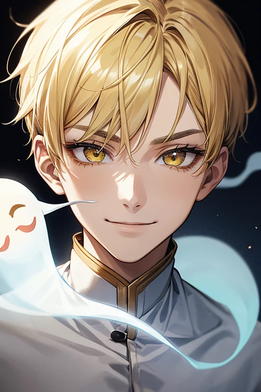 (muste piece), (best quality), extremely detailed, 1 man, solo, perfect face, pretty face, highly detailed face,yellow short hair, yellow eyebrows、Handsome man with expressive eyes, smiling, yellow eyes、(((ghost)))、