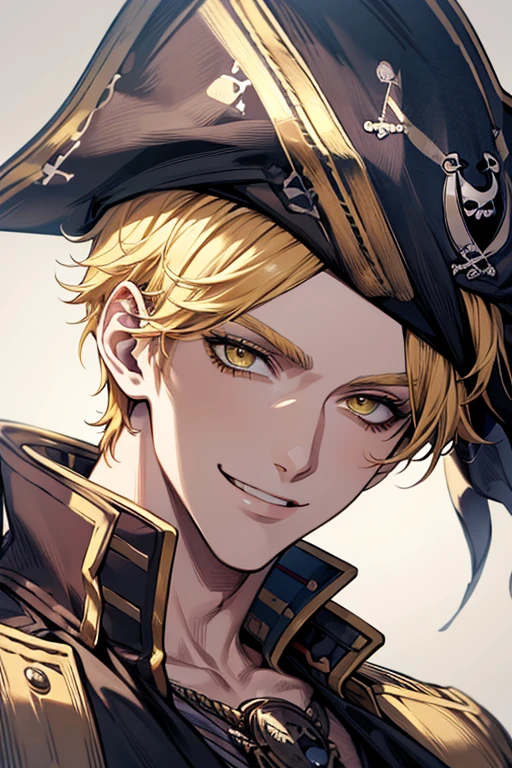 (muste piece), (best quality), extremely detailed, 1 man, solo, perfect face, pretty face, highly detailed face,yellow short hair, yellow eyebrows、Handsome man with expressive eyes, smiling, yellow eyes、(((pirate)))、