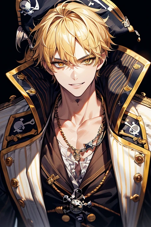 (muste piece), (best quality), extremely detailed, 1 man, solo, perfect face, pretty face, highly detailed face，yellow short hair, yellow eyebrows、Handsome man with expressive eyes, smiling, yellow eyes、(((pirate)))、