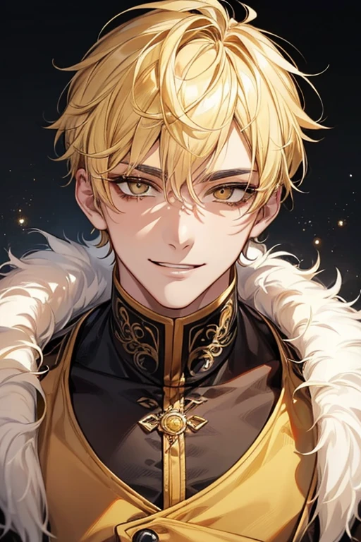 (muste piece), (best quality), extremely detailed, 1 man, solo, perfect face, pretty face, highly detailed face,yellow short hair, yellow eyebrows、Handsome man with expressive eyes, smiling, yellow eyes、(((Juncao)))、