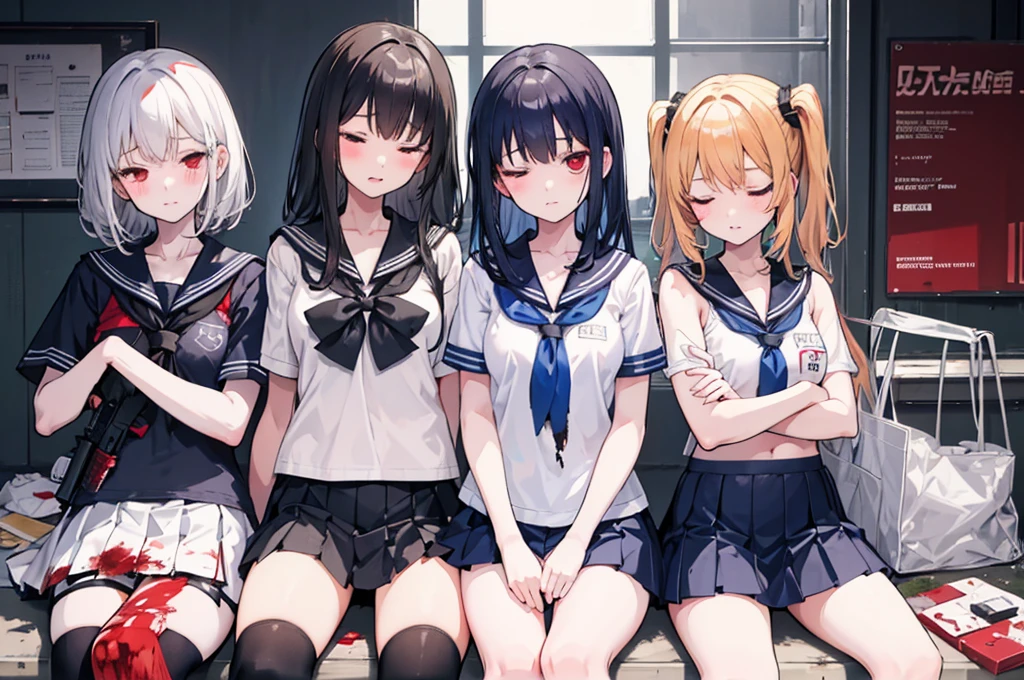 multiple girls, 3 girls, laying on person, closed eyes, school swimsuit, sailor collar, clone girls, high socks, loafer, holding gun, corpse, injury, dirty, bleed, torn clothes, aligned in a row