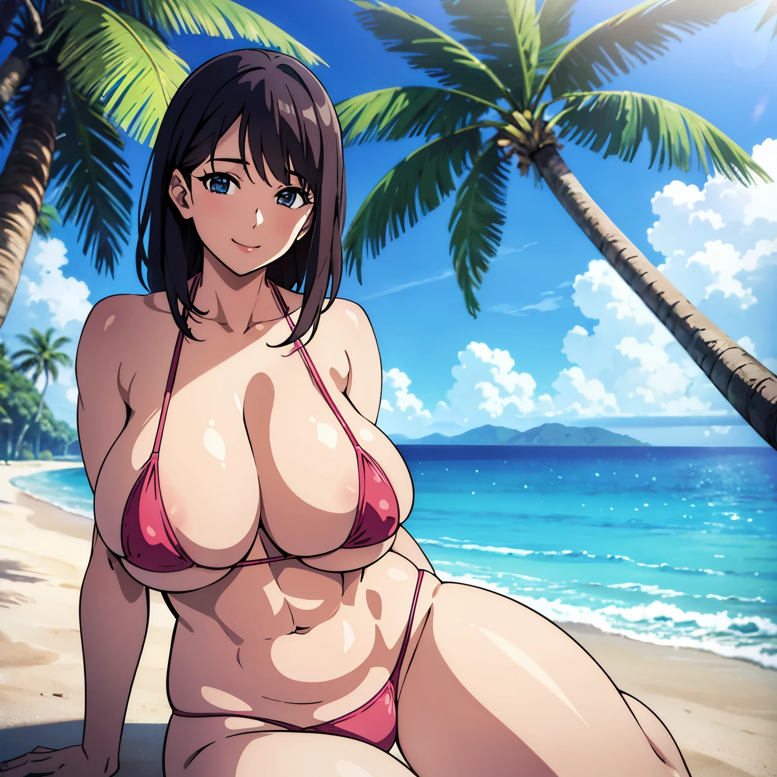 high quality, masterpiece, (photographrealistic:1.4), 8K, perfect body, Voluptuous body, curvy body, Erotic cartoon style body, Married woman atmosphere, mamma size, (gigantic breasts:1.5), (muscular:1.2), doroppy breasts, thick Thighs, clavege, ((micro bikini)), 27-year-old, (smile), sitting on the beach, small wear, middle hair, under the palm tree, nsfw,