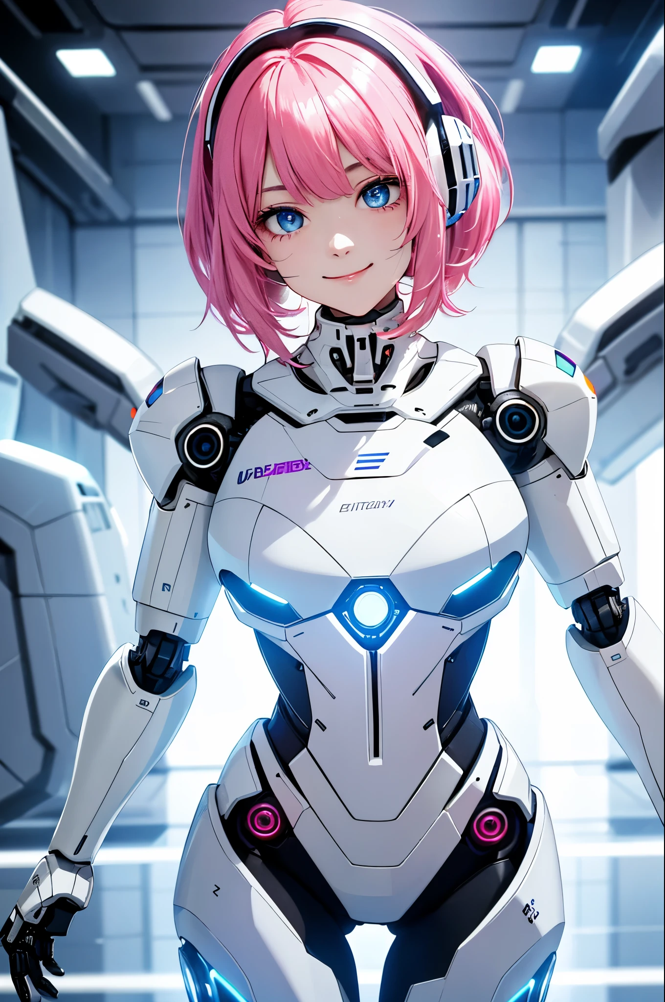 masterpiece, hi quality, absurderes,A high resolution,1girl, Reflectors,refractions:1.4,super-fine:1.4,(A high resolution,RAW photo(cyber punk perssonage:1.3),(((android assistant,white body robot-girl))),pink hair,The upper part of the body,innocent face and innocent smile ,inside laboratory,ultra-wide-angle:1.2,(neonlight,Vibrant glow,Dynamic colors,Vivid Contrast,Futuristic atmosphere,electric energy,shiny reflective surfaces)), cowboy shot, looking at viewer, ultra detailed eyes,