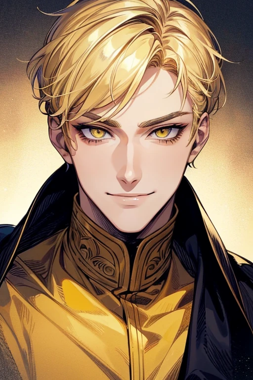 (muste piece), (best quality), extremely detailed, 1 man, solo, perfect face, pretty face, highly detailed face,yellow short hair, yellow eyebrows、Handsome man with expressive eyes, smiling, yellow eyes、(((hero)))、